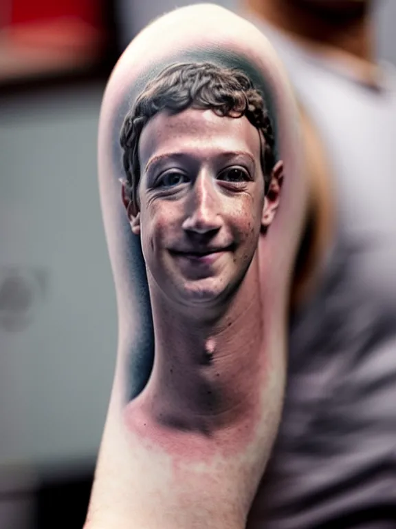 Prompt: far shot of a man showing his arm with mark zuckerberg tattoo, tattoo