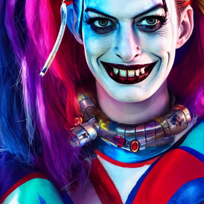 Image similar to portrait of Anne Hathaway as a harley quinn in Suicide Squad. intricate abstract. intricate artwork. by Tooth Wu, wlop, beeple, dan mumford. octane render, trending on artstation, greg rutkowski very coherent symmetrical artwork. cinematic, hyper realism, high detail, octane render, 8k, iridescent accents