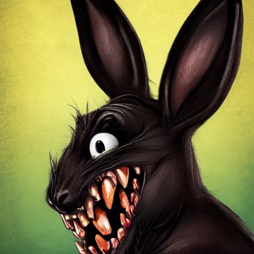 Image similar to A extremely highly detailed majestic hi-res beautiful, highly detailed head and shoulders portrait of a scary terrifying, horrifying, creepy maniacal crazy black cartoon rabbit with scary big eyes, earing a shirt laughing maniacally , let's be friends, in the style of a Walt Disney cartoon