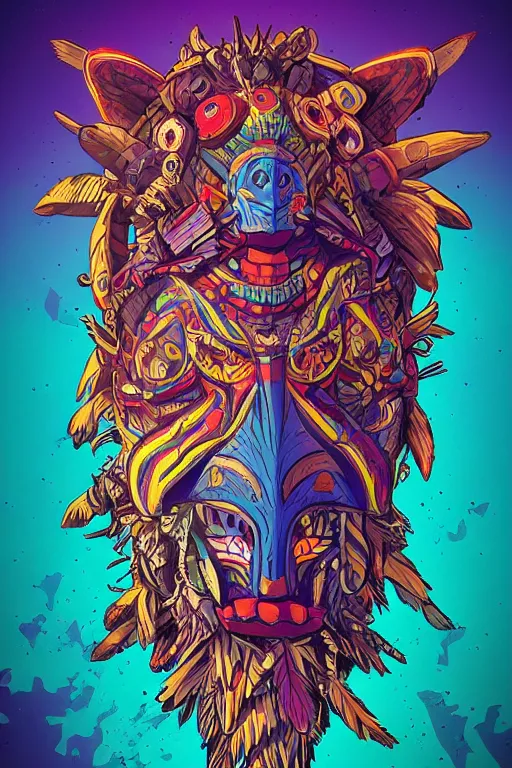 Image similar to totem animal tribal chaman vodoo mask feather gemstone plant wood rock video game illustration vivid color borderlands by josan gonzales and dan mumford radiating a glowing aura