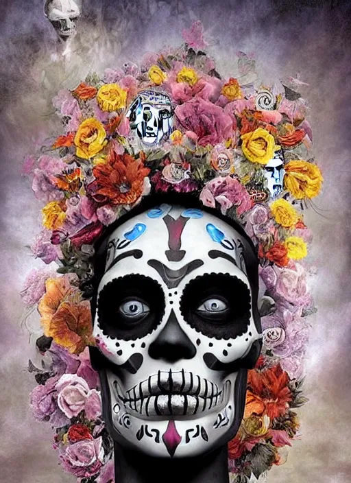 Prompt: dia de los muertos hombre theme surrealist art in the styles of igor morski, jim warren, and giuseppe mastromatteo, intricate, hyperrealistic, accurate facial details, profile picture with chromakey!!!!! background, volumetric lighting
