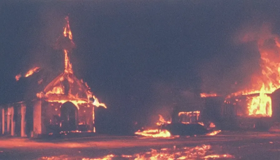 Prompt: 7 0 s movie still of a burning church, cinestill 8 0 0 t 3 5 mm eastmancolor, heavy grain, high quality, high detail