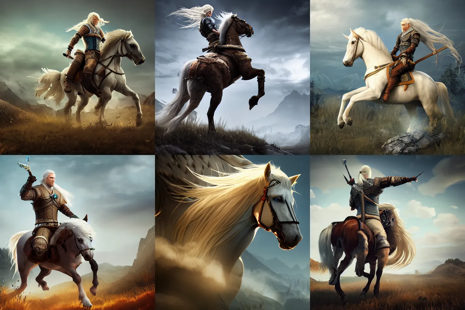 Prompt: a blond hair witcher riding on ghost horse, escaping from monsters, detailed illustration, league of legends style, vray, 8k, dynamic lights, fire