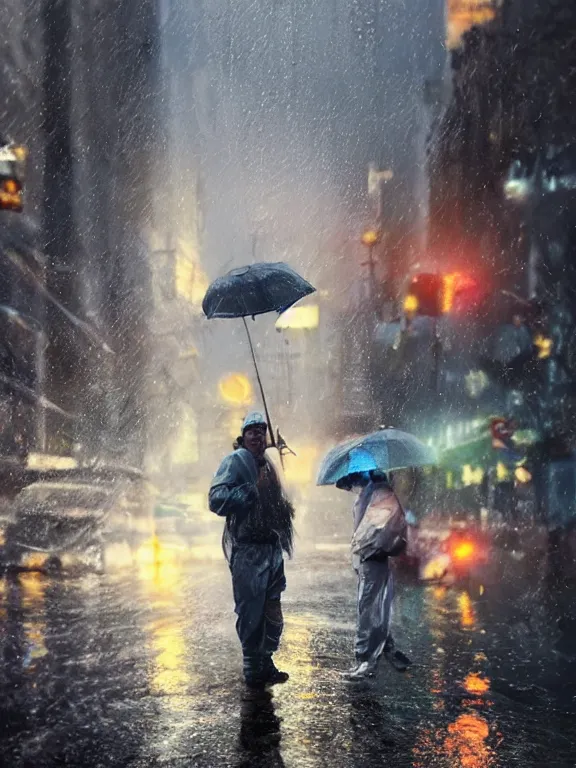 Image similar to portrait art of fishermen in a rainy new york street 8k ultra realistic , lens flare, atmosphere, glow, detailed,intricate, full of colour, cinematic lighting, trending on artstation, 4k, hyperrealistic, focused, extreme details,unreal engine 5, cinematic, masterpiece