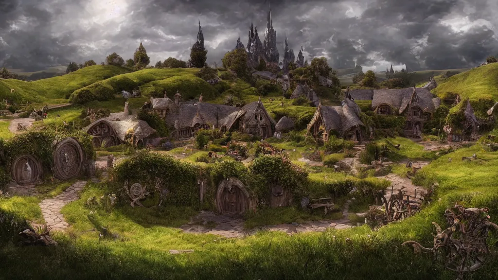 Image similar to a beautiful wide shot of hobbiton, middle earth, alan lee, fromsoftware, elden ring, dark souls, bloodborne, dark fantasy, realistic, highly detailed, 8 k, volumetric lighting, sinister lighting, detailed terrain, concept art, matte painting