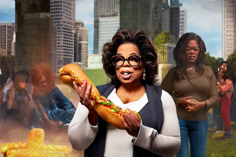 Image similar to oprah winfrey holding a hotdog, surrounded by homeless people, cardboard city, hyper realistic, 8 k, ethereal details, high resolution, cinematic lighting