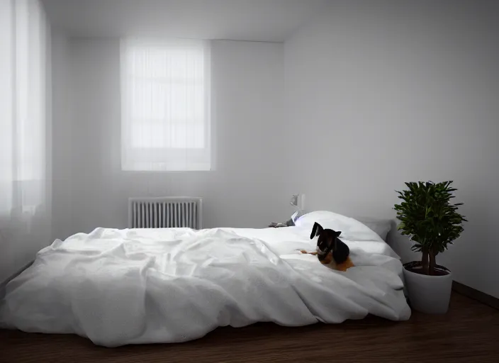 Image similar to photography of a Jack Russel . watching outside the window. on a bed .in a 3d rendered white room. octane render, 3d, foggy, volumetric light, volumetric fog, photorealistic, unreal engine 5, award winning photo, 100mm, sharp, cloth, high res