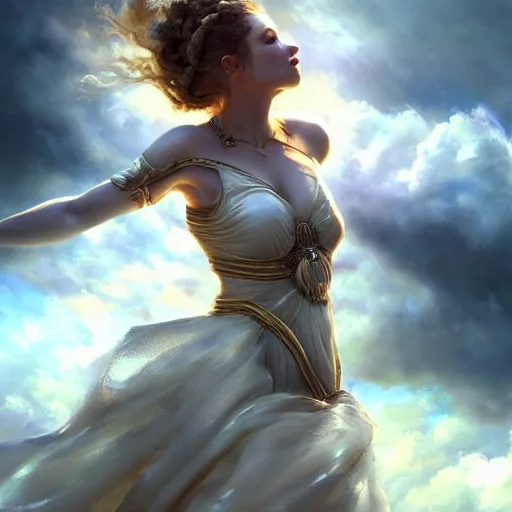 Prompt: a painting of a cloud goddess with clouds in the background, a hyperrealistic painting by Raymond Swanland, featured on cgsociety, fantasy art, daz3d, artstation hd, hyper-realistic