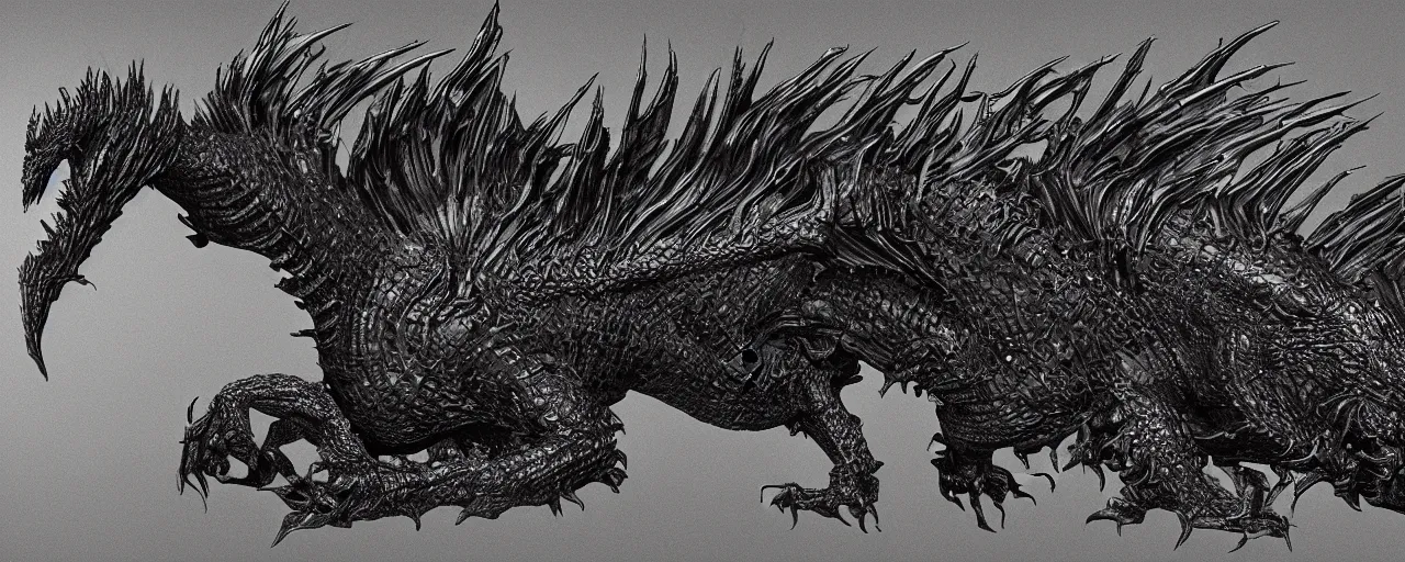 Prompt: full body, cross section of a large black scaled dragon, 3D, 8k resolution, by H R Giger