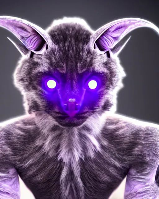 Image similar to pretty humanoid cat-like alien with horns instead of ears holding a laser rifle and the face of a hyena, futuristic, sci-fi purple fur, photorealistic CGI