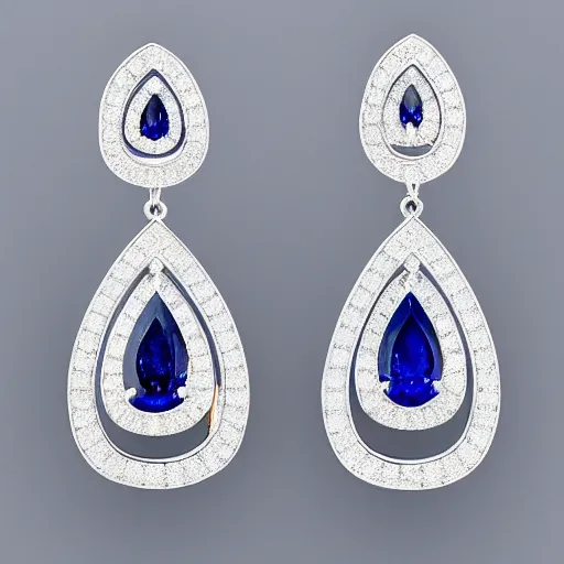 Prompt: front and side views of platinum tear drop sapphire diamond earrings