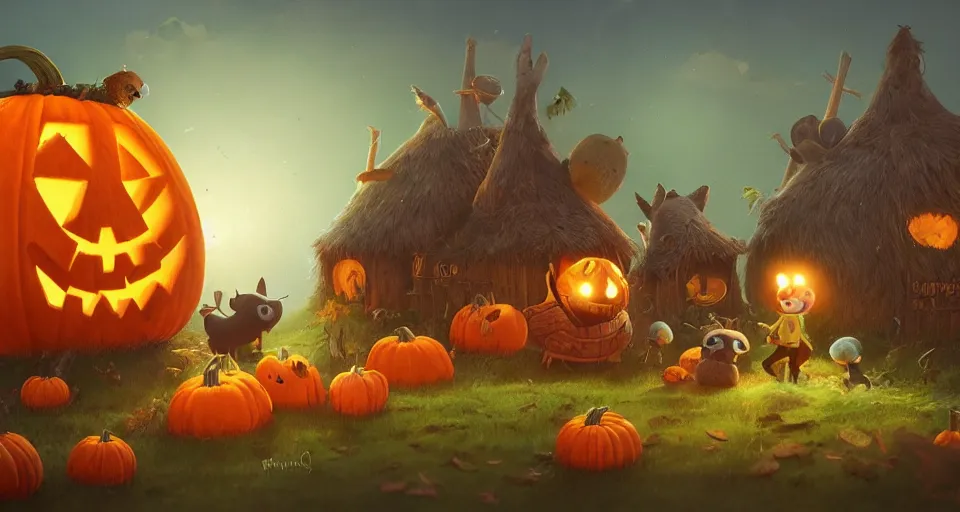 Image similar to animals living in a pumpkin patch village, rustic, story book, over the garden wall, beautiful, highly detailed, artstation, soft lighting,