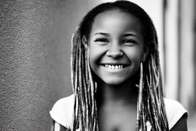 Prompt: still photo of an african american girl smiling at the camera on the street, black and white color aesthetic, highly detailed, photorealistic portrait, bright studio setting, studio lighting, crisp quality and light reflections, unreal engine 5 quality render