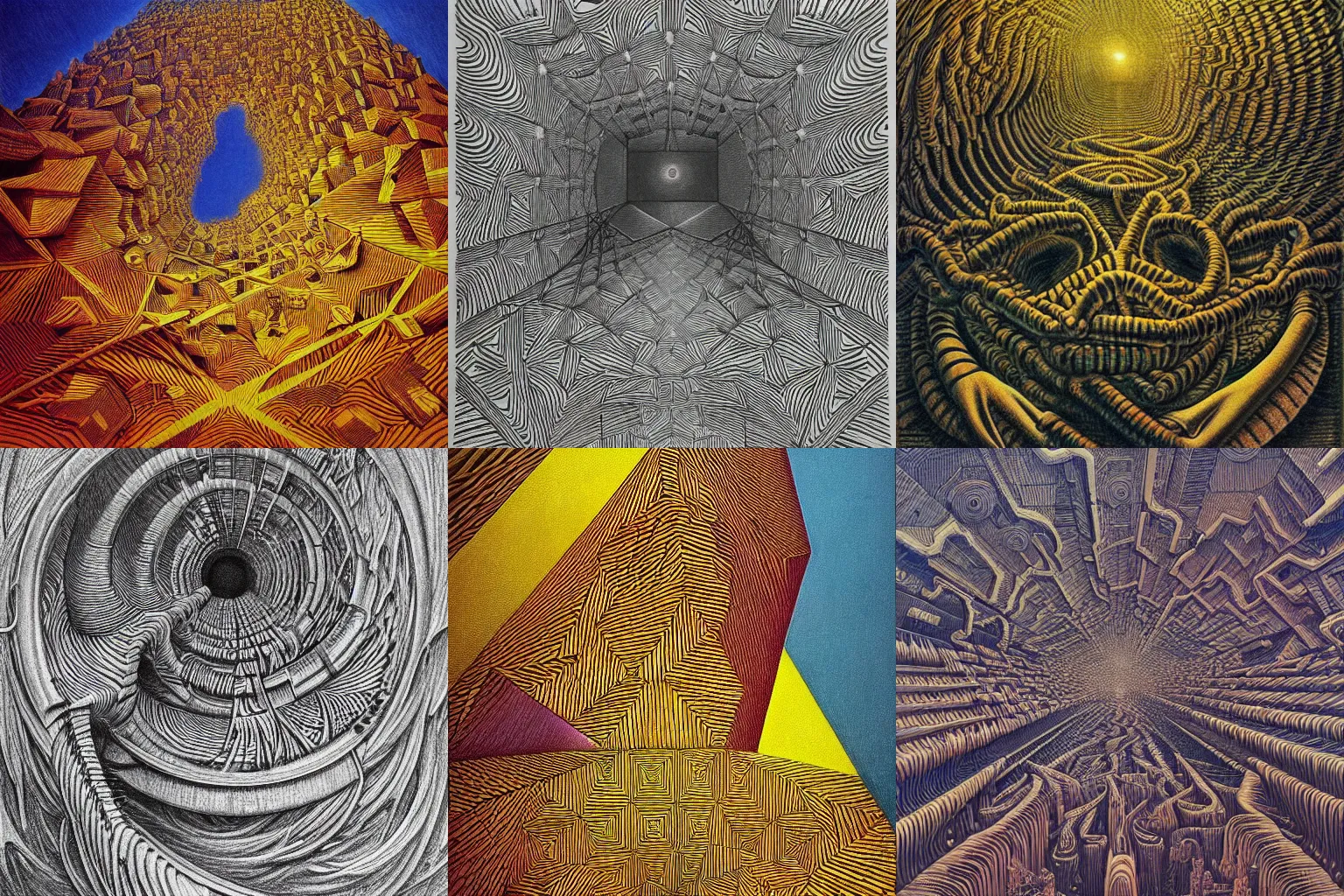 Prompt: an optical illusion drawing, super detailed, high detail, hyper detailed, masterpiece, Beksinski, intricate abstract, detailed abstract, isometric, infinity, golden ratio, heavy cubism, cubists love it, color pencil, full color, bright colors, vivid colors, hyper detailed, ultra high resolution, artstation, Cycles4D, Created M.C. Escher and Picasso