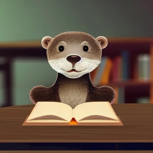 Image similar to a cute otter reading a book at a school desk, hyperrealistic, dynamic lighting