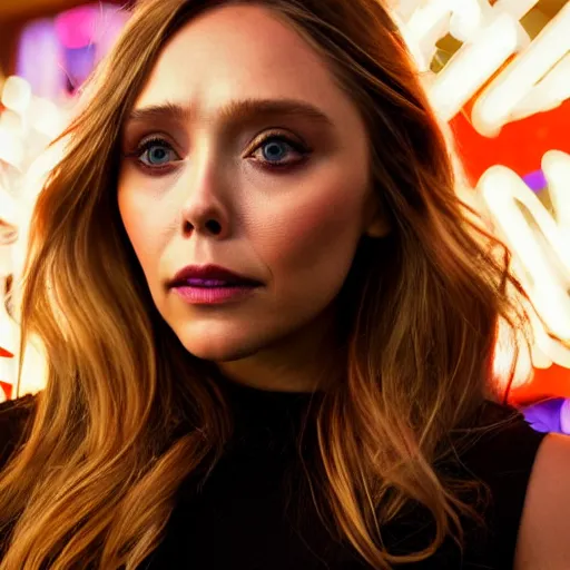 Image similar to elizabeth olsen, hands on her face posing for the camera, neon lighting, closeup!!!!!!, macro!!!!!!, 3 5 mm!!!!!! lens, comprehensive art, neon!!!!!! atmosphere, intricately detailed, indistinguishably unique, 4 k, 8 k, detailed facial features