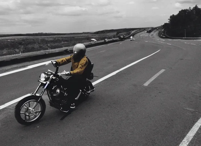 Prompt: chopper motorbike driving on the freeway. iso 1 0 0. low camera view. retro photo