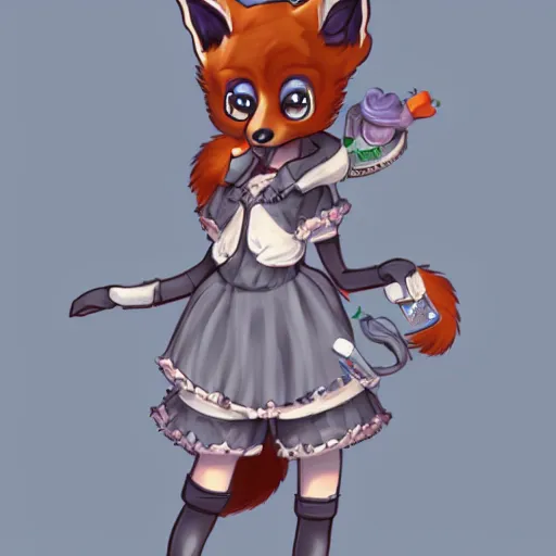 Image similar to a fox fursona wearing a maid outfit, highly detailed, digital art, trending on artstation, furry art