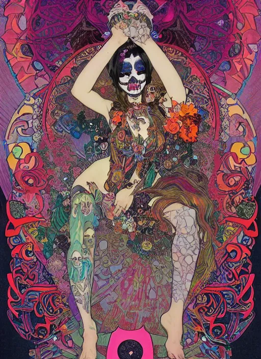 Image similar to cute punk goth fashion fractal Día de los Muertos tattooed hologram girl posing, psychedelic poster art of by Victor Moscoso Rick Griffin Alphonse Mucha Gustav Klimt Ayami Kojima Amano Charlie Bowater, masterpiece