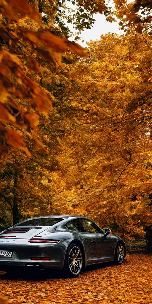 Image similar to photo of a porsche driving through autumn leaves, cinematic lighting, anti aliasing