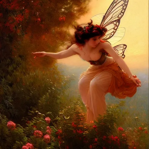 Image similar to attractive fairy magically floating high in the night, fantasy, full moon in background. highly detailed painting by gaston bussiere, craig mullins, j. c. leyendecker, sharp focus, 8 k