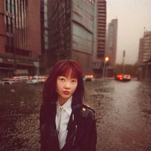 Image similar to 1990s perfect 8K HD professional cinematic photo of close-up japanese schoolgirl posing in postapocalyptic cityscape, at evening during rain, at instagram, Behance, Adobe Lightroom, with instagram filters, depth of field, taken with polaroid kodak portra