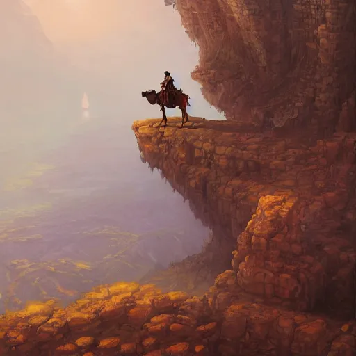 Prompt: a camel rider standing on the edge of a cliff looking far away at the huge tower of destiny, by mohrbacher, by andreas rocha, by james gurney, digital painting