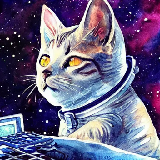 Prompt: cat doing mathematics in space. cat doing mathematics in space. watercolor. amazing painting. high resolution. highly realistic. cool tones. close - up. 8 k. trending on artstation.