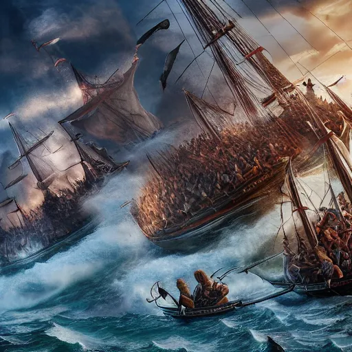 Image similar to An Epic viking sea battle, realistic 4k octane beautifully detailed render, 4k post-processing, highly detailed, intricate complexity, epic composition, magical atmosphere, cinematic lighting, masterpiece, ultra hd