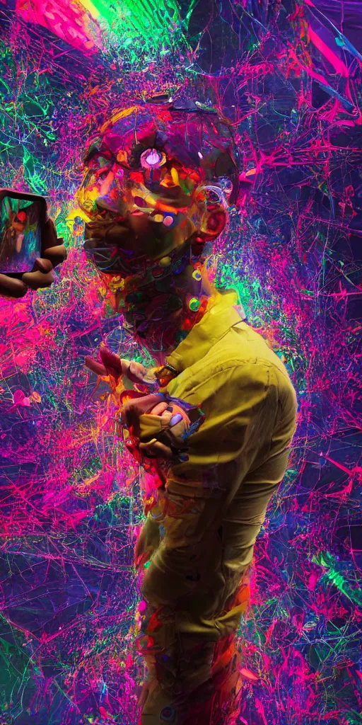 Image similar to man becomes controlled by a smartphone he gazes at while he played like a marionette, puppet, intricate complexity, horror, psychedelic glitch art, rainbow drip paint, trending on art station, photoreal, 8k, octane render