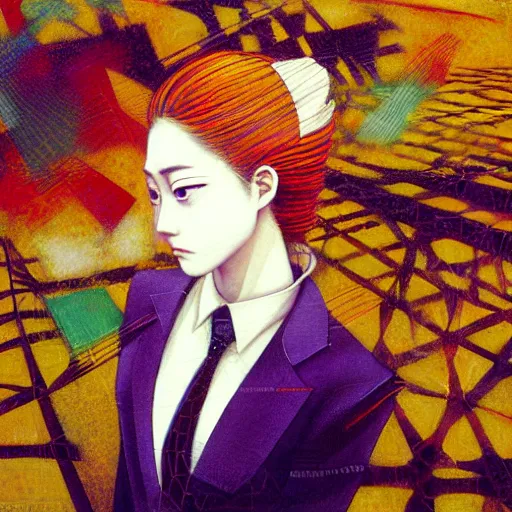 Image similar to yoshitaka amano blurred and dreamy realistic three quarter angle portrait of a young woman with short hair and black eyes wearing dress suit with tie, junji ito abstract patterns in the background, satoshi kon anime, noisy film grain effect, highly detailed, renaissance oil painting, weird portrait angle, 1 9 9 0 s anime