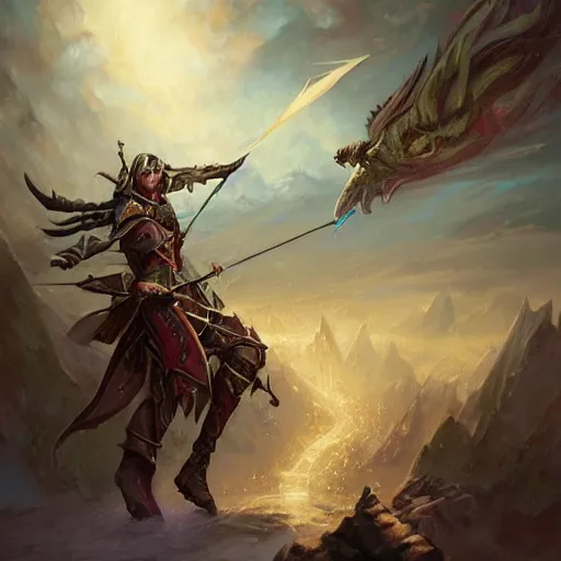 Image similar to magical longbow, magical longbow, magical longbow, magical longbow, arrowed longbow, magical longbow, warcraft blizzard weapon art, weapon art masterpiece artstation. fantasy digital art, fantasy style art, fantasy hearthstone art style, fantasy game art by greg rutkowski, fantasy rpg weapon art