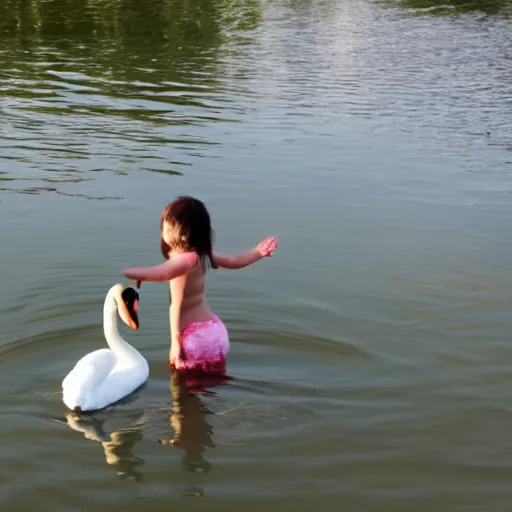 Prompt: girl drowning swan in lake