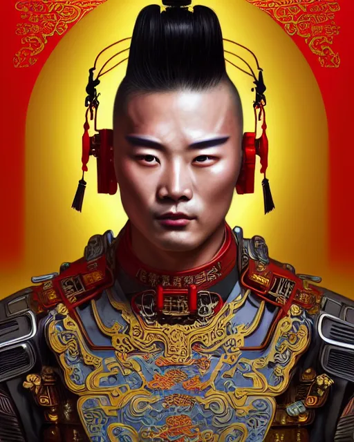 Image similar to portrait of a chinese masculine male cyberpunk machine, machine face, upper half portrait, decorated with chinese opera motifs, muscular, asian, fine china, wuxia, traditional chinese art intricate intense elegant 京 剧 highly detailed digital painting artstation concept art smooth sharp focus illustration, art by artgerm and greg rutkowski alphonse mucha 8 k