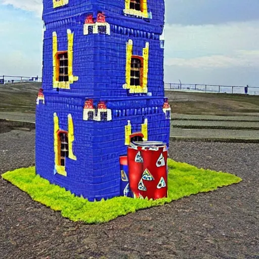 Prompt: castle made out of Pepsi cans guarded by geese