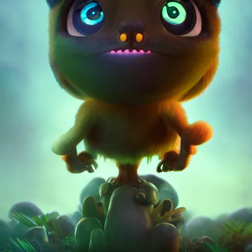 Image similar to adorable glowing creature, trending on artstation, cute, big eyes, concept art, pixar, disney, highly detailed, cinematic composition, unreal engine, 3 d rendered in octane, fantasy planet