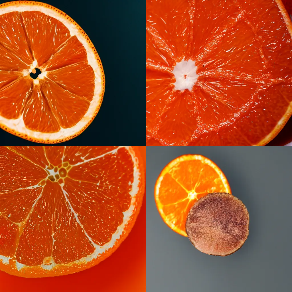 Prompt: a macro photo of an orange segment with the skin removed