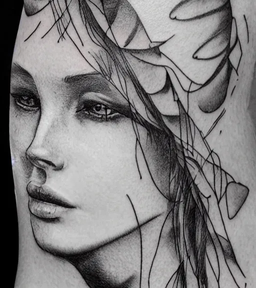 Image similar to amazing blend effect of beautiful mountain scenery with a beautiful woman face, tattoo design sketch, hyper - realistic, in the style of matteo pasqualin, amazing detail, black and white