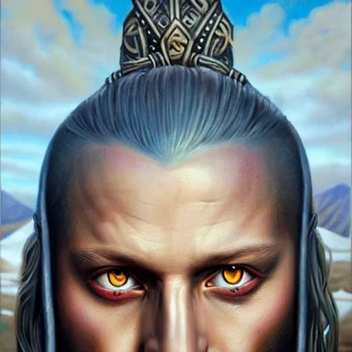 Image similar to ultra realistic portrait painting of a ragnar from the vikings with blue eyes and tribal tattoo, painted by Tristan Eaton Stanley Artgerm and Tom Bagshaw