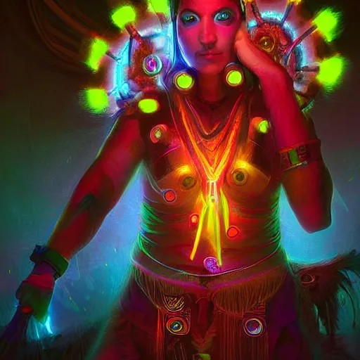 Image similar to neon shaman warrior, technology, digital art, visionary art, by mandy jurgens