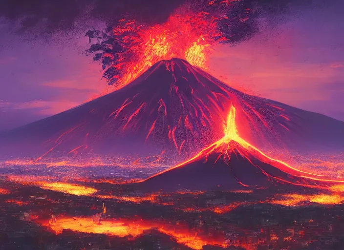 Image similar to volcano erupting in the distance, with lava flowing, l through the city, at night, by wlop, anime key visual, cozy, death by fire, warm colors, key visual, high detail