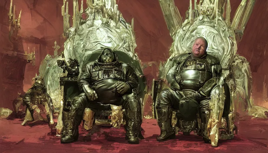 Image similar to shaun ryder as baron harkonnen wearing a leather spacesuit and sitting on a throne in the throne room on guidi prime, dark warriors stand in the background, beautiful green and pink marble pillars, by normal rockwell and john berkey, photoreal, science fiction character concept art, artstation