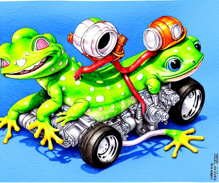 Image similar to cute and funny, gecko wearing a helmet riding in a hot rod with oversized engine, ratfink style by ed roth, centered award winning watercolor pen illustration, isometric illustration by chihiro iwasaki, edited by range murata, tiny details by artgerm and watercolor girl, symmetrically isometrically centered, sharply focused