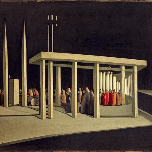 Image similar to a some people waiting in a lone bus stop in quiet dark city night Painting by Piero della Francesca, Morandi, Yves Tanguy, high quality, high resolution,detailed