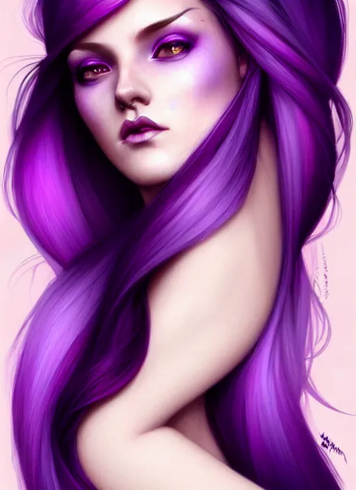 Prompt: Purple hair, relistic sexy Portrait of woman with bright colored hair, all shades of purple. Beauty face, Hair coloring, fantasy, intricate, elegant, highly detailed, digital painting, artstation, concept art, smooth, sharp focus, illustration, art by artgerm and greg rutkowski and alphonse mucha