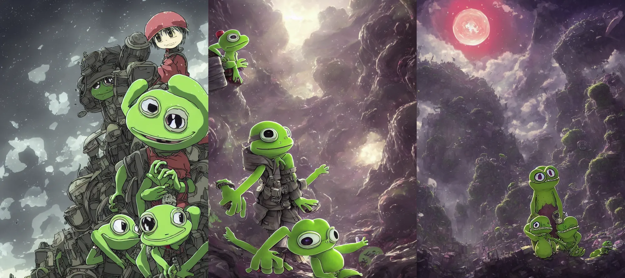 Prompt: resolution 4k worlds of loss and depression made in abyss design Akihito Tsukushi design body pepe the frog group of them attacking a monster war , battlefield darkness military drummer boy pepe , desolated city the sky is filled with red halos over each of their heads ivory dream like storybooks, fractals , pepe the frogs at war, art in the style of and Oleg Vdovenko and Akihito Tsukushi ,Stefan Koidl