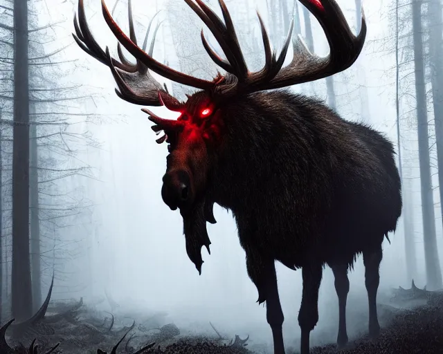 Image similar to 5 5 mm close up portrait photo of an armored demonic burning moose with red eyes and antlers and looking at the camera, in a magical forest. dark atmosphere. art by greg rutkowski and luis royo. highly detailed 8 k. intricate. lifelike. soft light. nikon d 8 5 0.