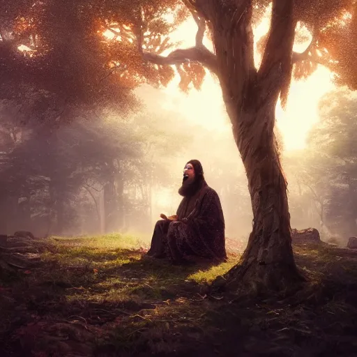 Image similar to a long beard sage worshipping under the tree of wisdom, magical world, by greg rutkowski, sung choi, photo realistic, 8 k, cinematic lighting, hd, atmospheric, hyperdetailed, trending on artstation, devainart, digital painting, glow effect