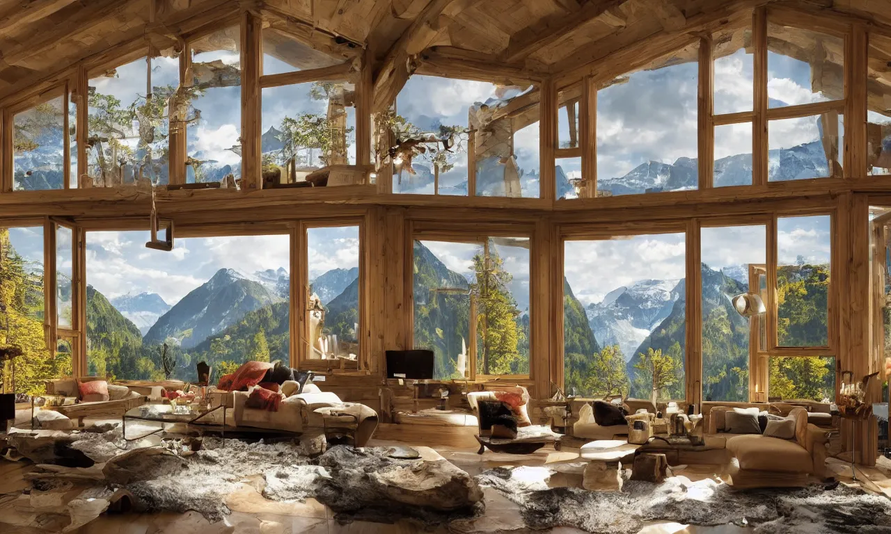 Image similar to fantastical living room with switzerland landscape in the window