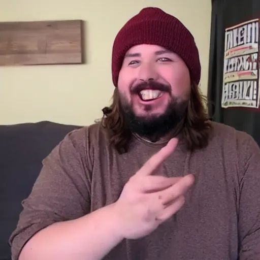 Prompt: chubby Jesus Christ wearing a brown beanie doing a livestream on YouTube